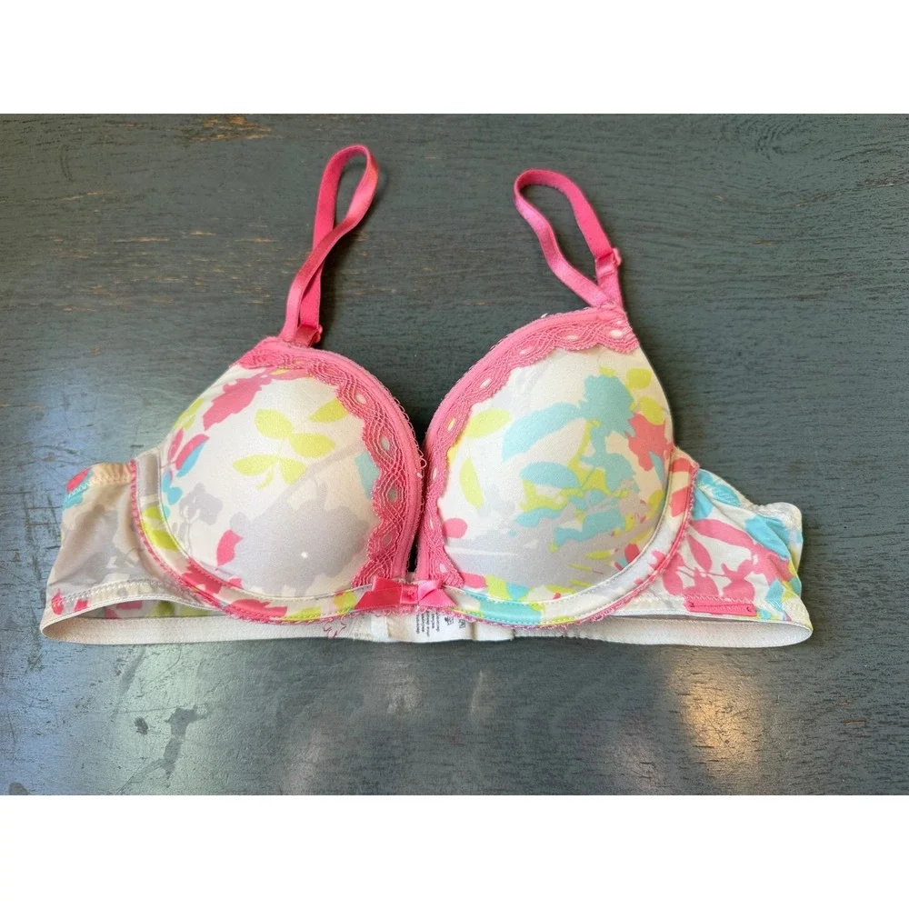 Calvin Klein 32A Floral Print Push Up Bra Pink Lace Trim Underwire Padded